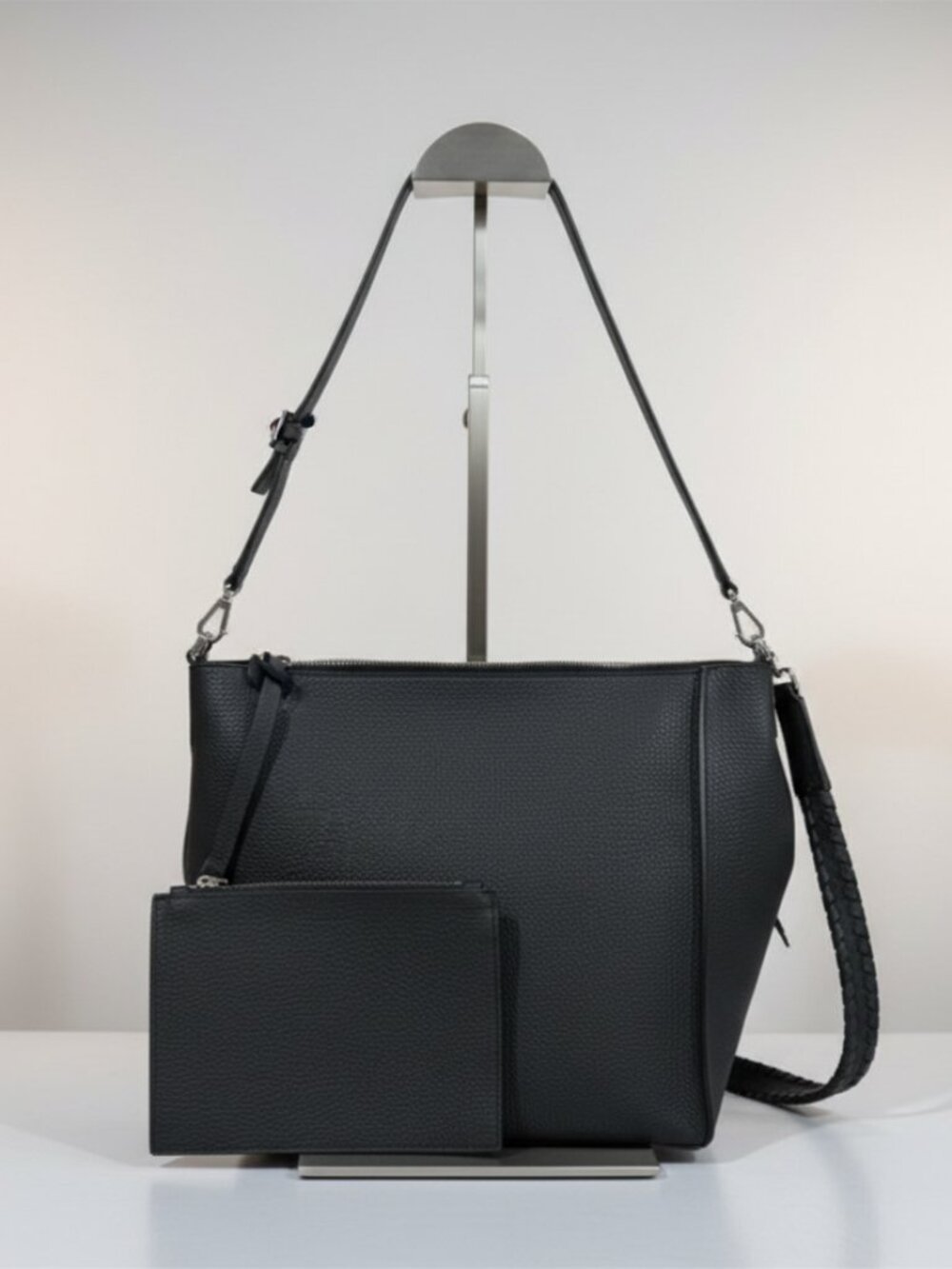 All Saints Black Pebbled Leather Bucket Bag Crossbody Shoulder Bag w Pouch